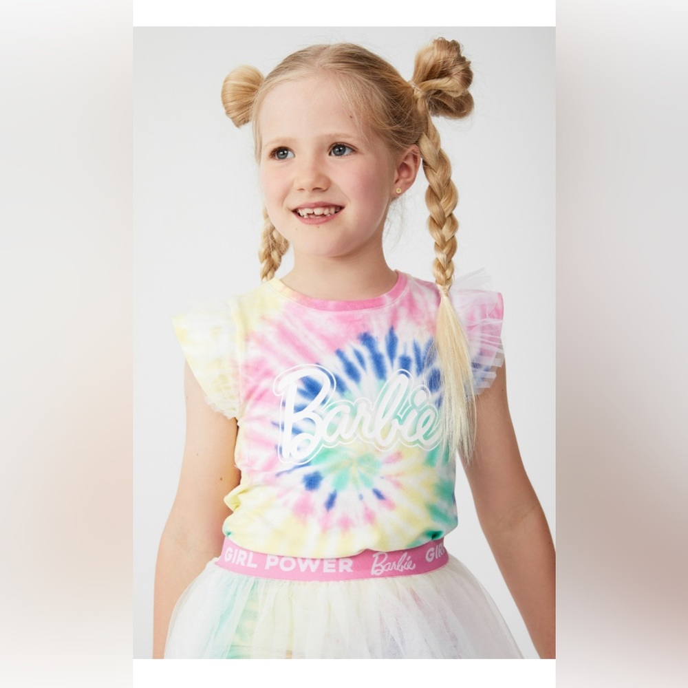 Cotton On Kids X Barbie Extra Tie Dye Tulle Sleeve Barbie Shirt NWT